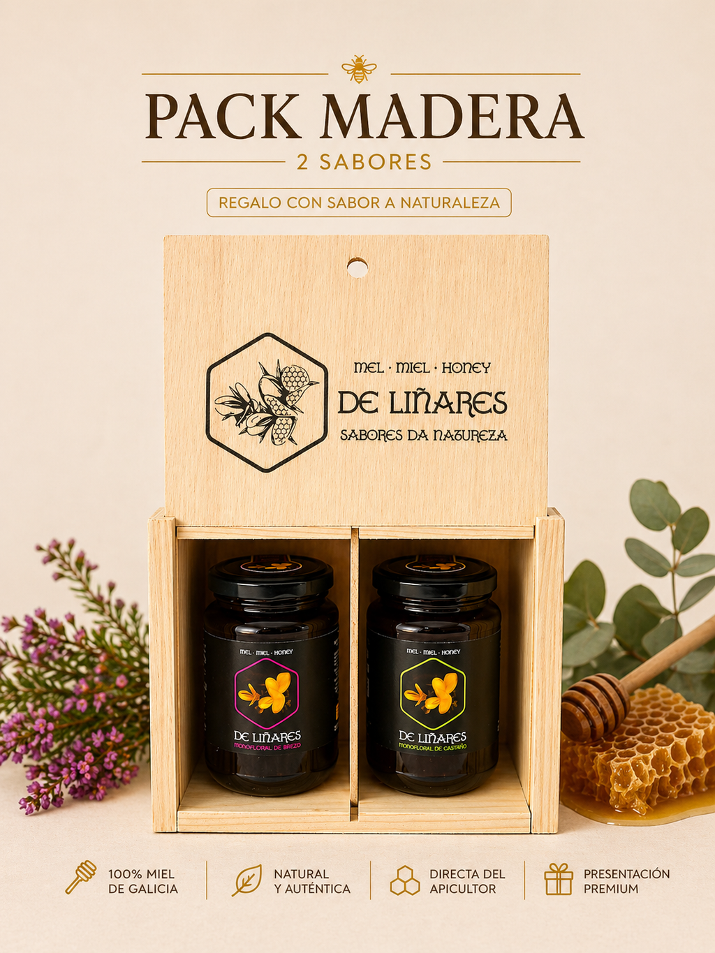 Pack 2 Sabores da Natureza en Caja de Madera | Mel De Liñares