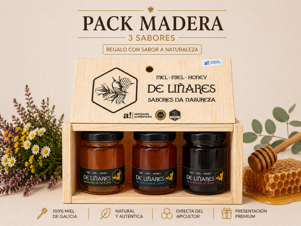 Pack 3 Sabores da Natureza en Caja de Madera | Mel De Liñares