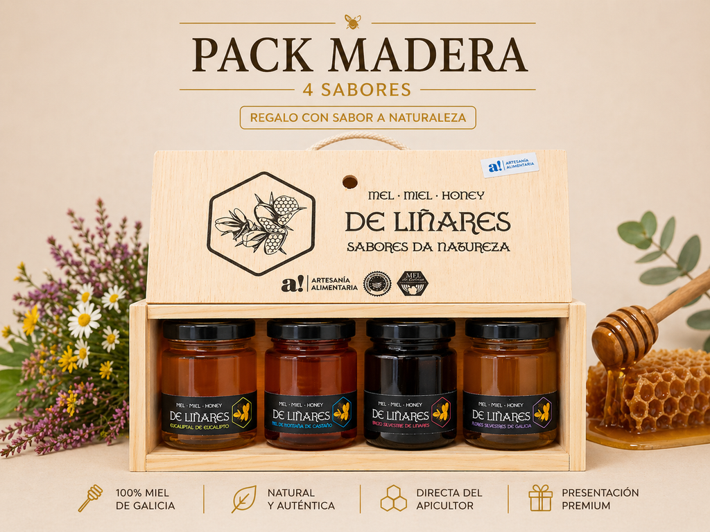 Pack 4 Sabores da Natureza en Caja de Madera | Mel De Liñares