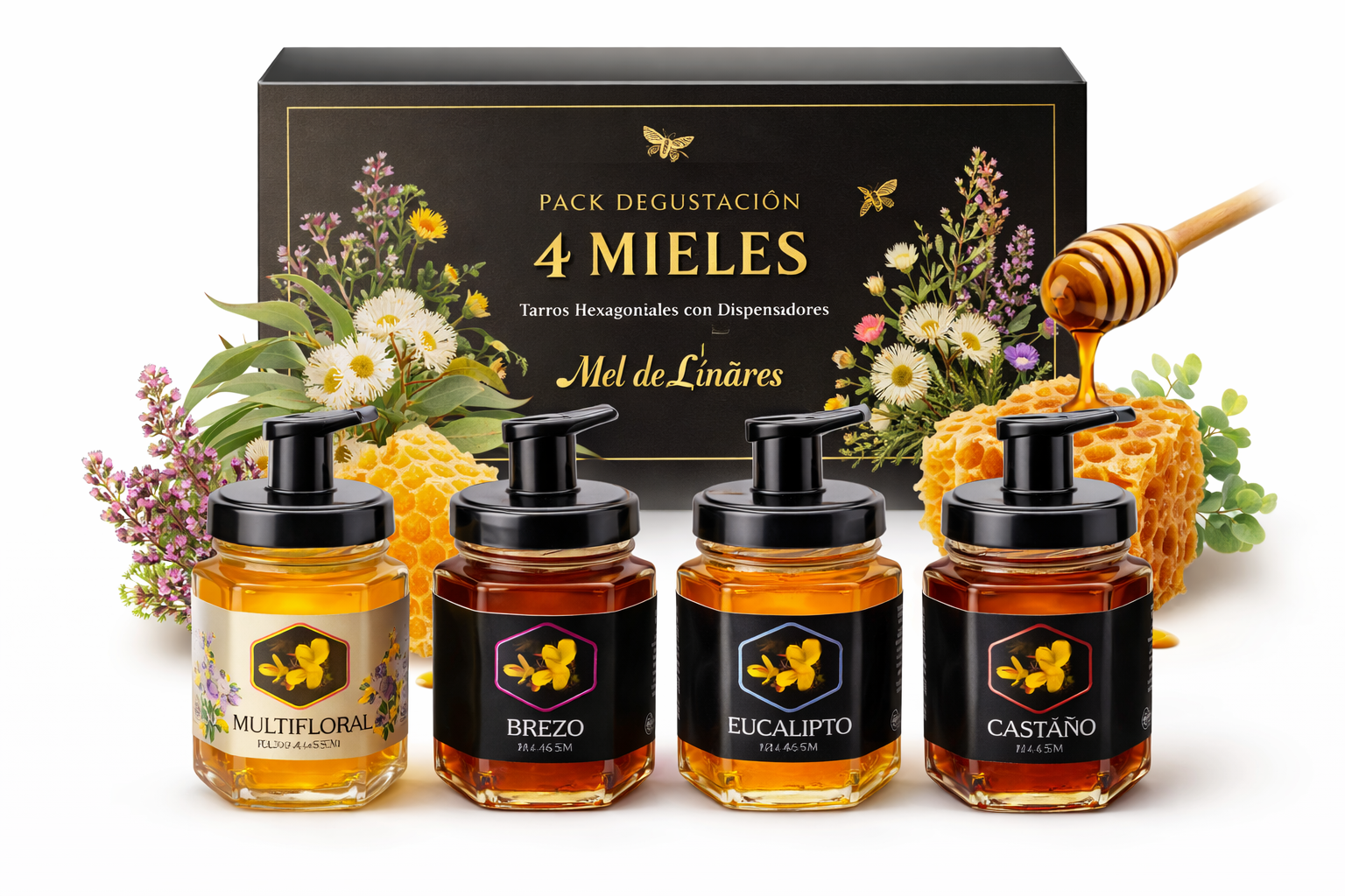Pack Degustación 4 Mieles en Tarros Hexagonales | Mel De Liñares