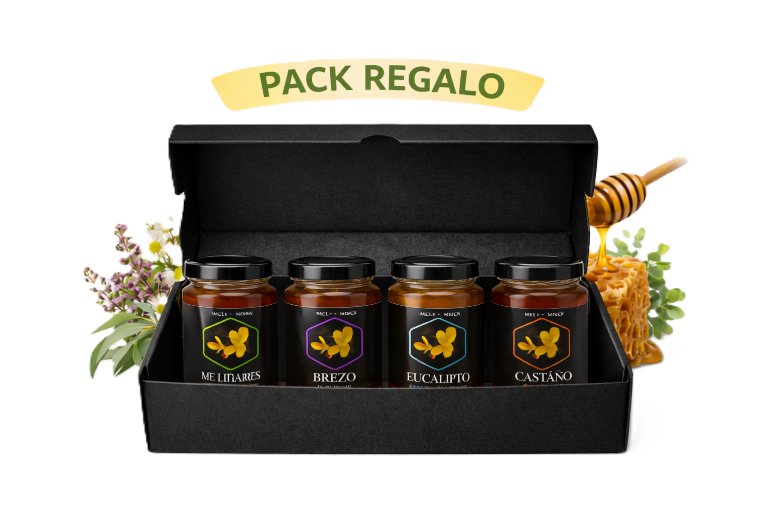 Pack Regalo 4 Mieles Naturales en Caja Negra de Lujo | Mel De Liñares