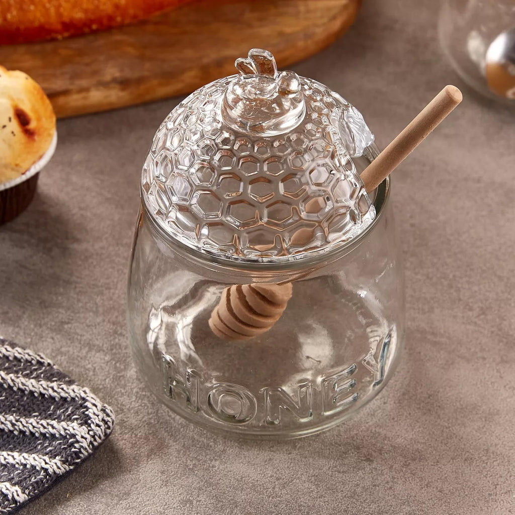 Tarro para Miel de Cristal 500 ml con Cuchara Antigoteo | De Liñares