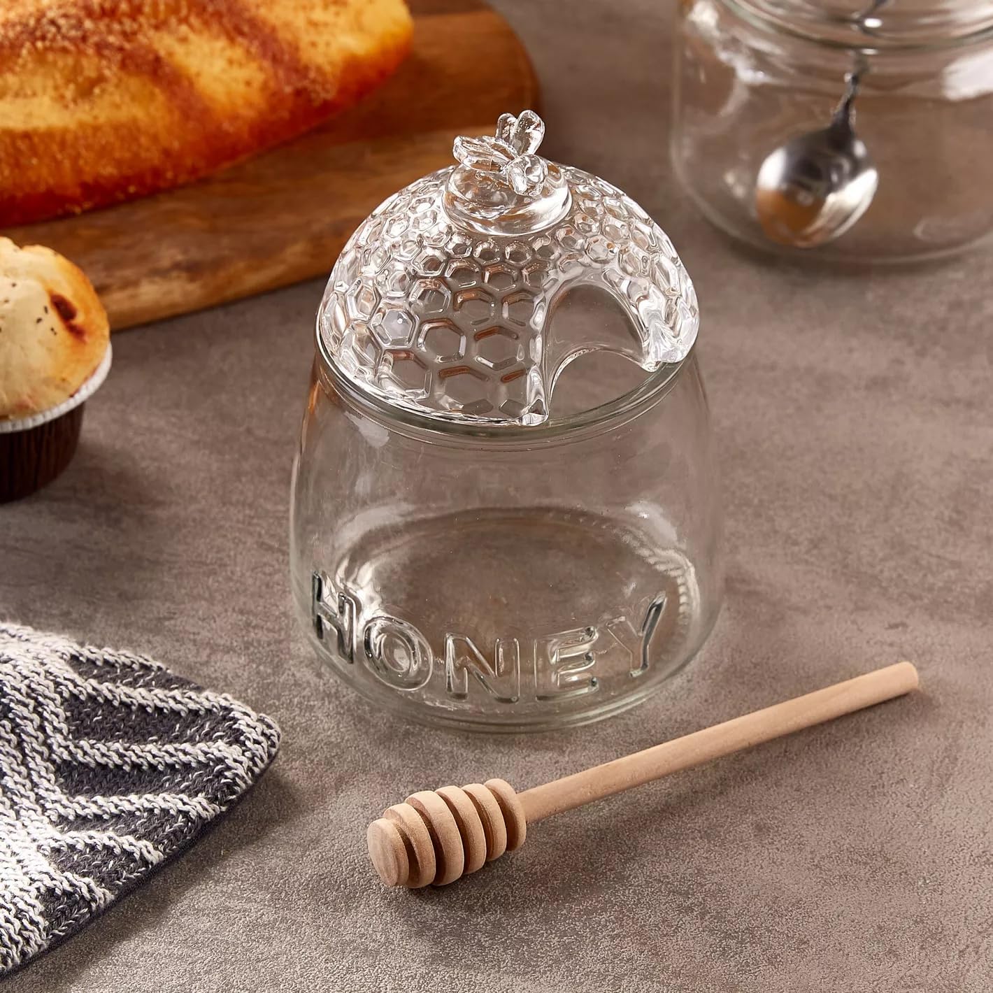 Tarro para Miel de Cristal 500 ml con Cuchara Antigoteo | De Liñares